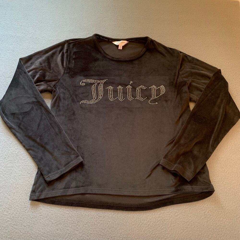 Y2K Juicy Couture Sleepwear Black Velour Long Sleeve PJ Top Rhinestones Bling XL